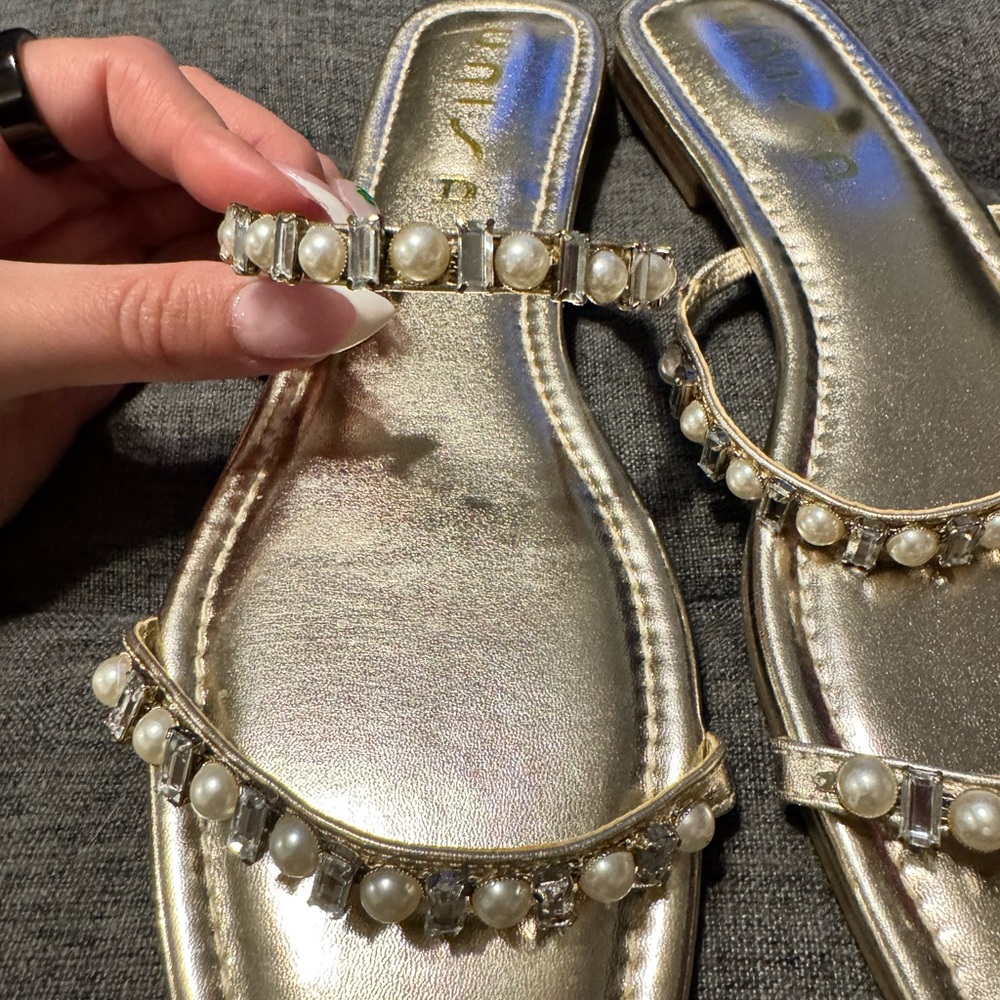 Unisa Gold Sandals with Pearl Accents - Picture 3 of 5